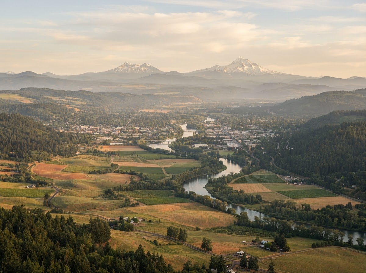 A calm aerial view of the Willamette Valley surrounding Eugene and Springfield, Oregon — rolling sage-green hills, evergreen forests, and a river winding through the valley