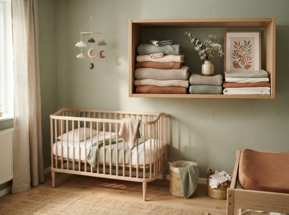 A calm, organized nursery corner with neatly folded baby linens on a light wooden shelf