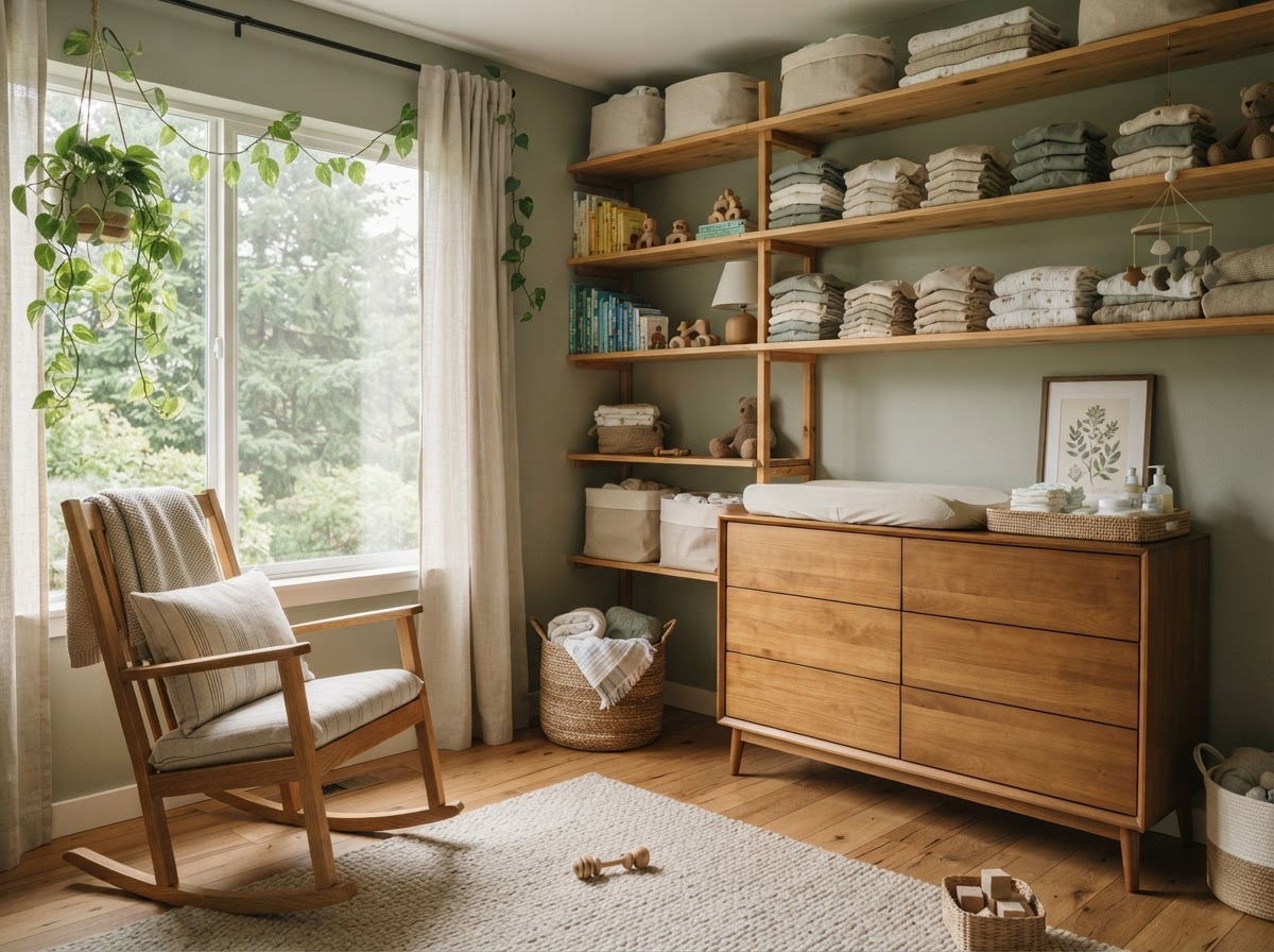 A calm, organized nursery with folded linens and soft morning light