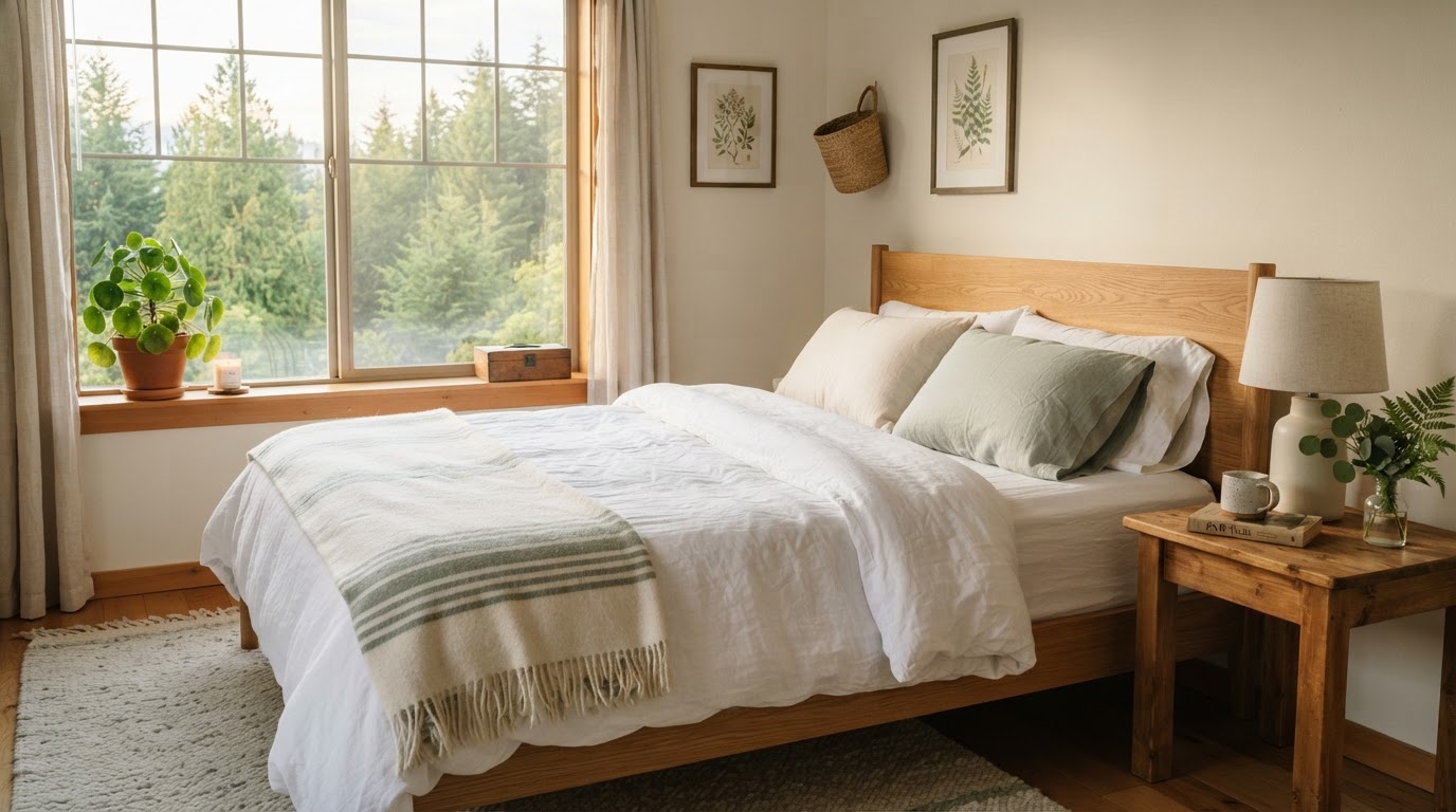 Fresh white linens on a made bed in a sunlit Pacific Northwest bedroom