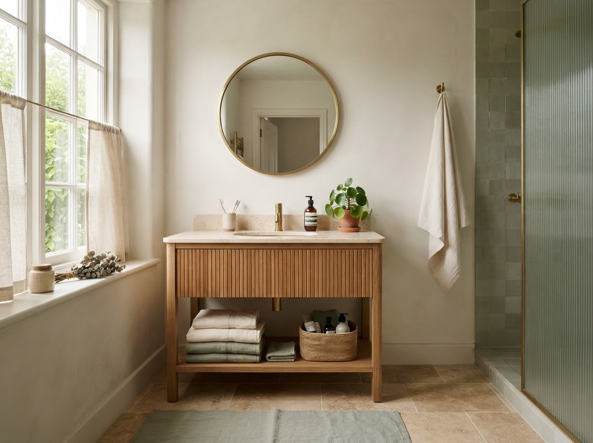 A freshly cleaned, serene bathroom with warm wood and soft natural light