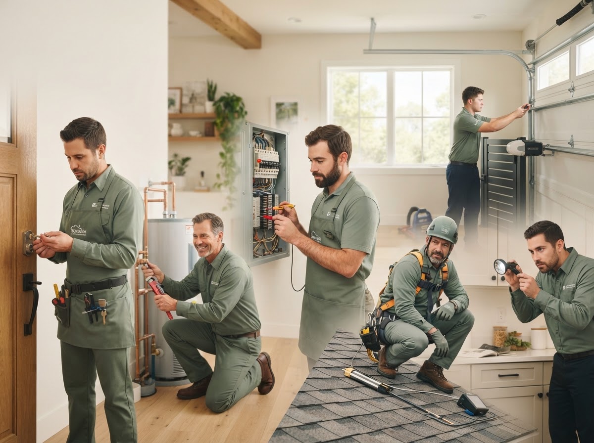 A montage of home-service trades — locksmith, plumber, electrician, gate and garage door technician, roofer and pest-control specialist — wearing sage-green uniforms in a bright modern home