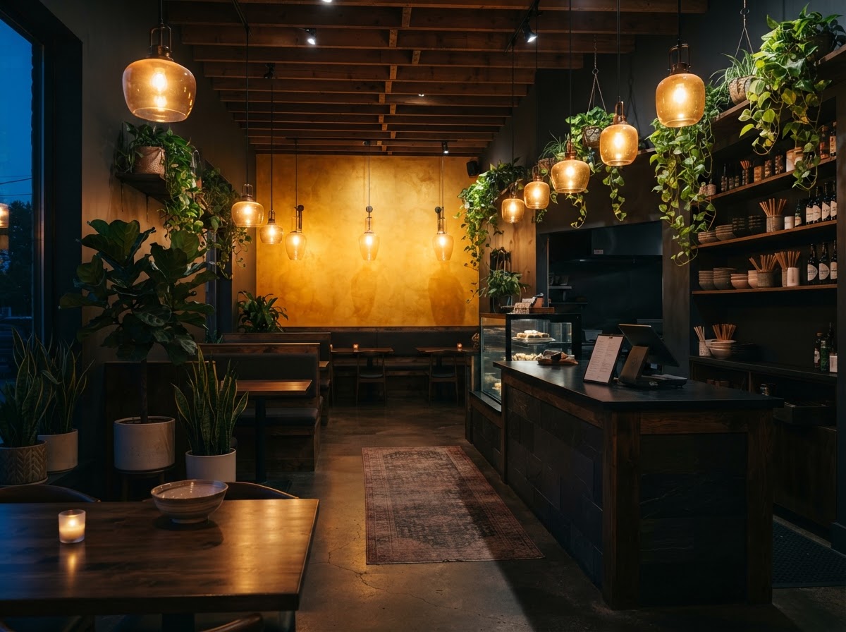 A cozy modern Asian-fusion restaurant interior with warm golden-yellow accent walls, lush hanging greenery, and glowing amber pendant lights over a sleek dark counter