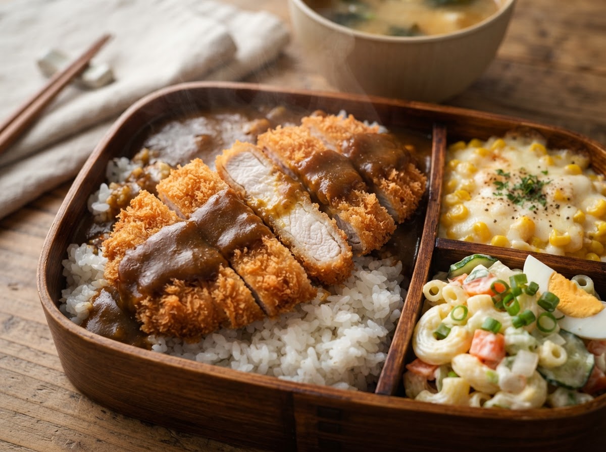 Crispy katsu dipped into rich Japanese curry sauce