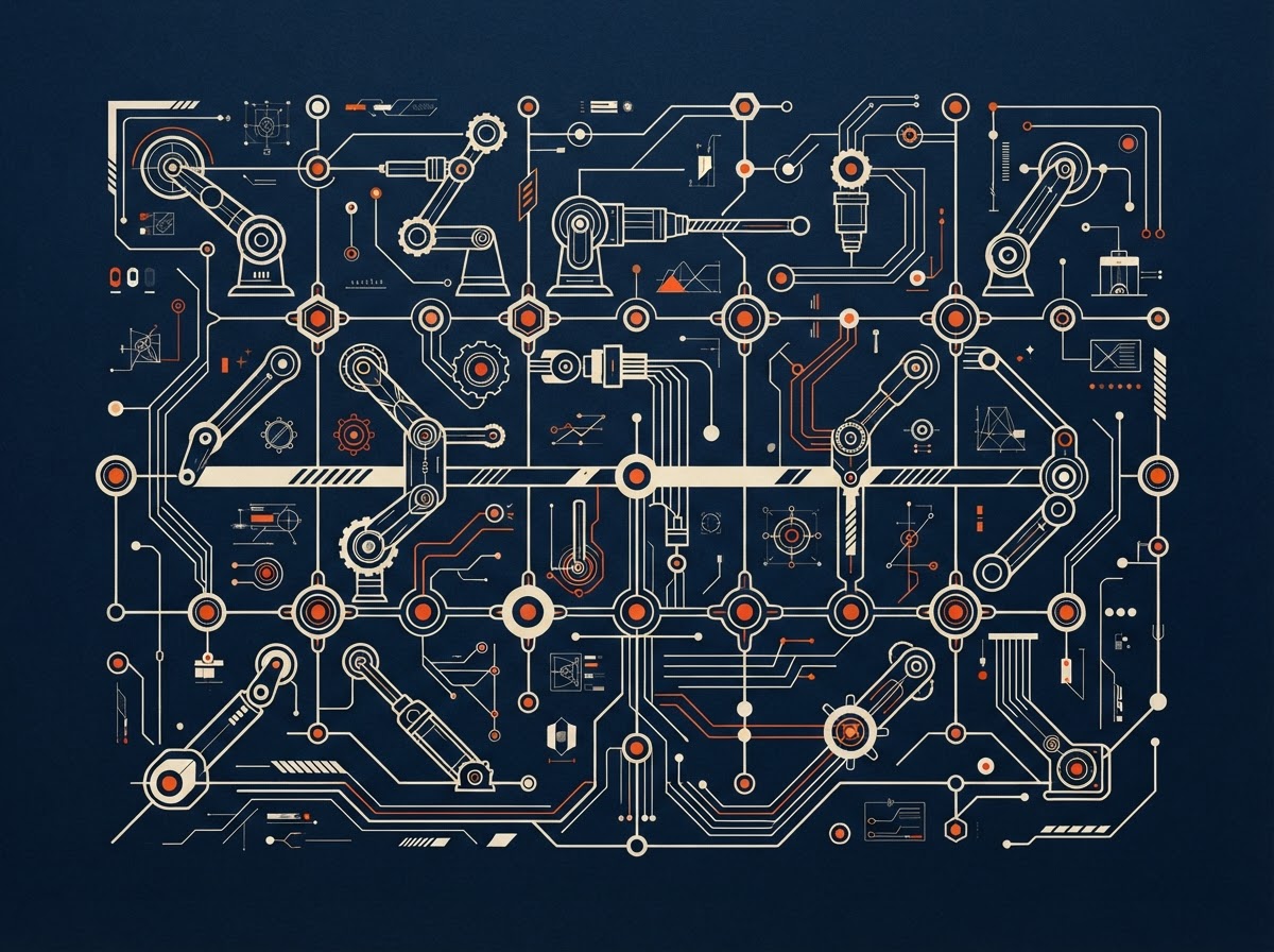Abstract illustration of robotic joints, circuit traces and modular control nodes in ink navy, ivory and orange.