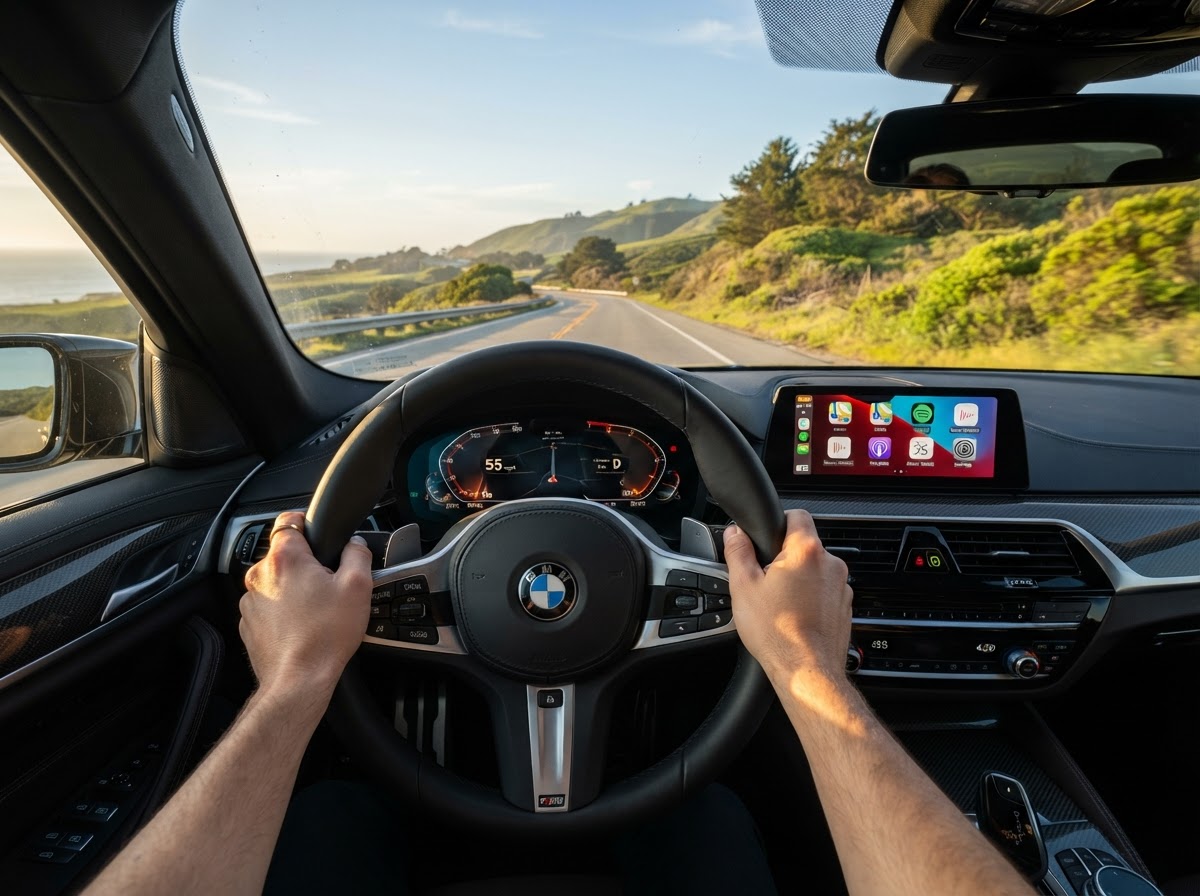 Driver perspective on scenic highway with steering wheel control
