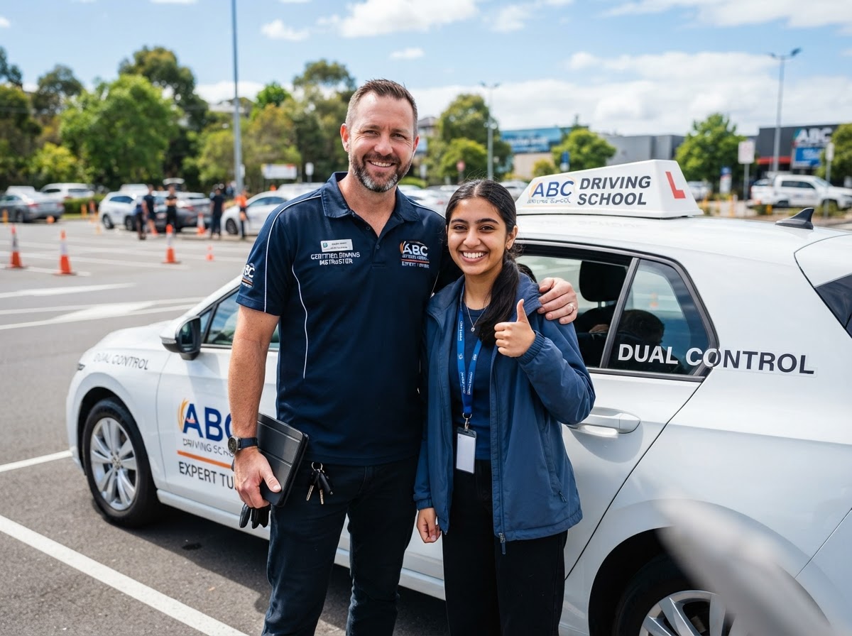 Certified driving instructor coaching driver with dual controls