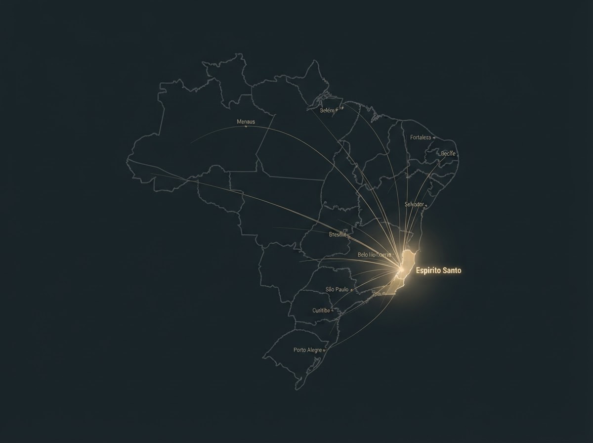 Mapa do Brasil com destaque para o Espírito Santo como origem do atendimento nacional da MC Transportes