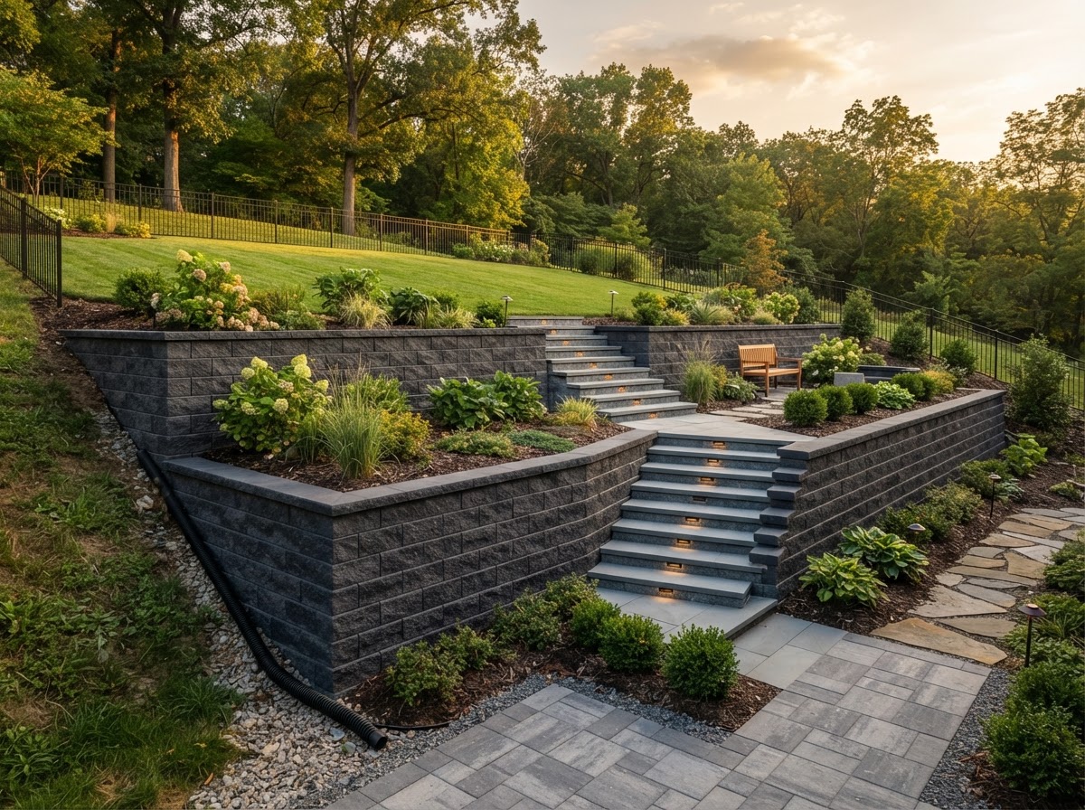Finished multi-tiered segmental retaining wall terracing a steep backyard slope near Ault Park