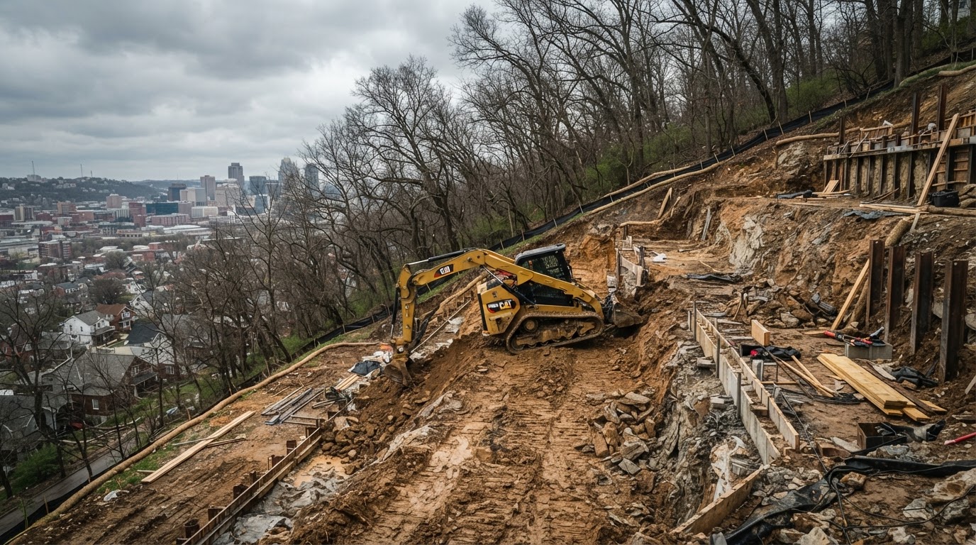 Heavy machinery executing deep structural grading on a steep Cincinnati hillside lot