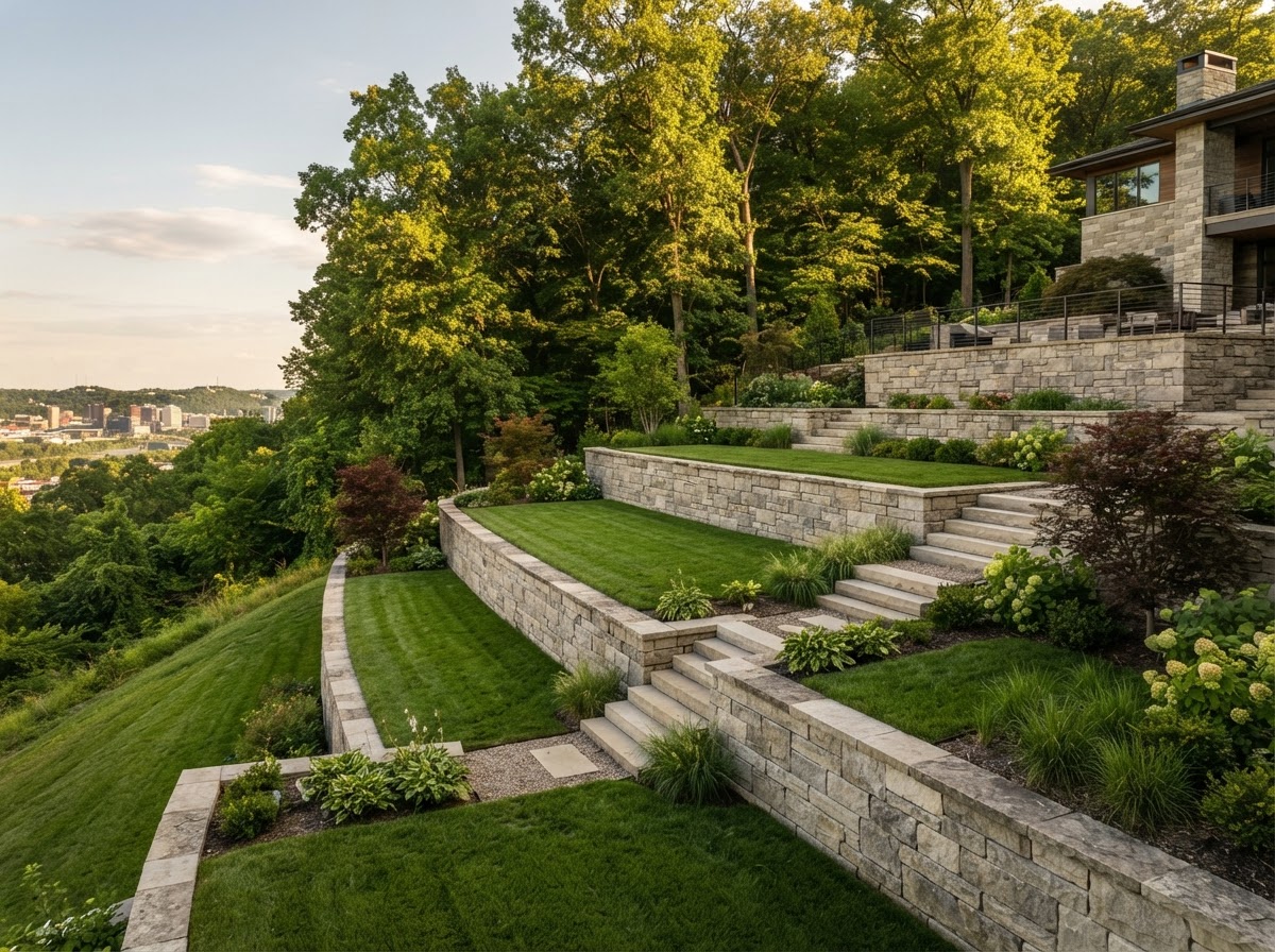 Multi-tiered natural stone retaining wall terracing a Cincinnati hillside lawn