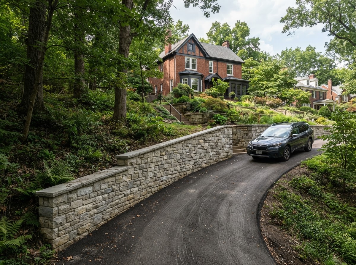 Finished stone-veneered masonry retaining wall shoring up a narrow driveway off Erie Avenue Hyde Park