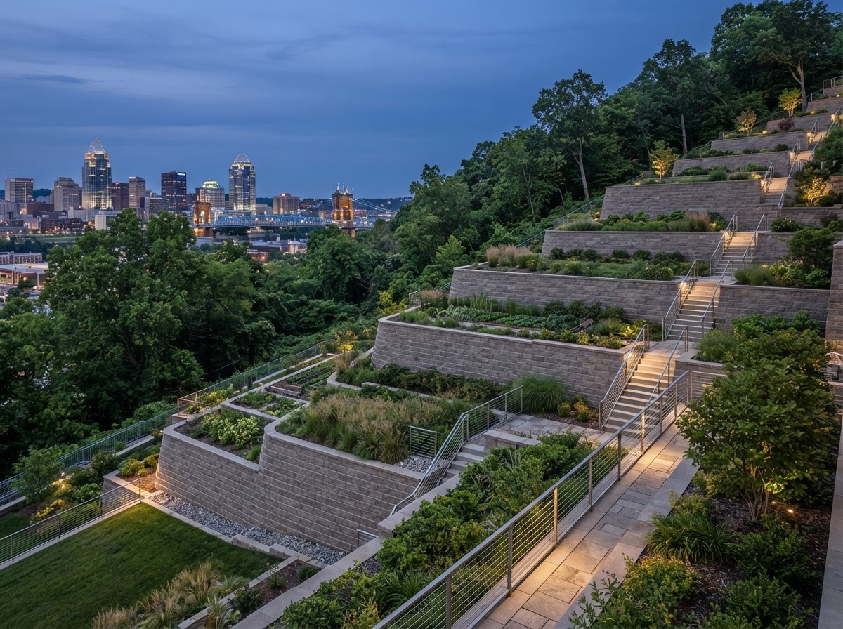 Premium multi-tiered structural retaining walls built on a steep Cincinnati hillside