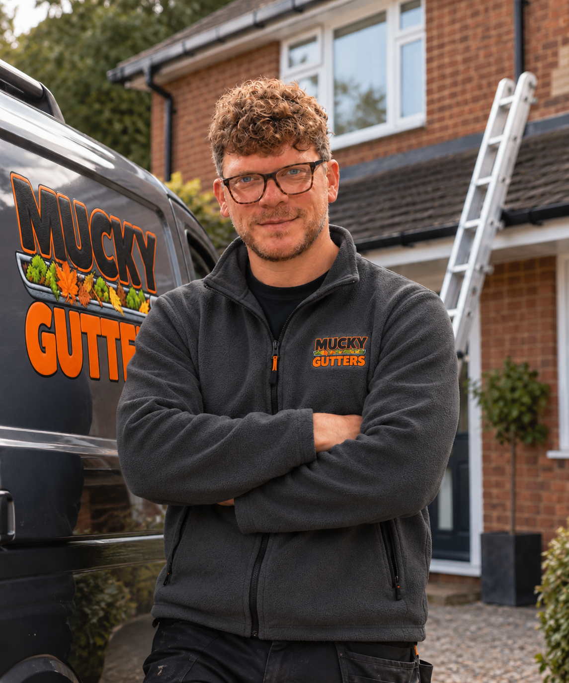 David, founder of MuckyGutters in Billericay Essex, in branded workwear beside company van