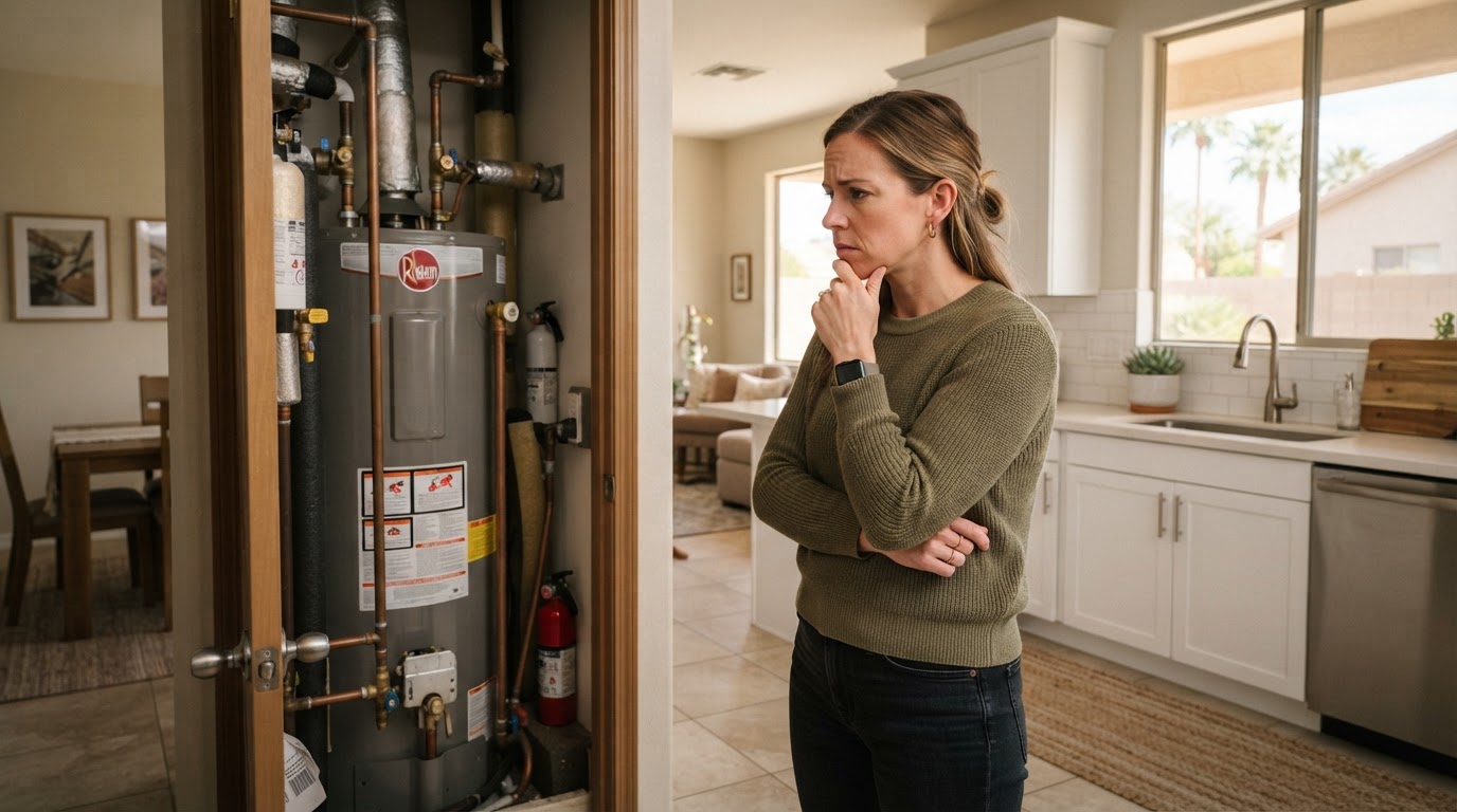 Concerned homeowner thinking about water heater repair needs