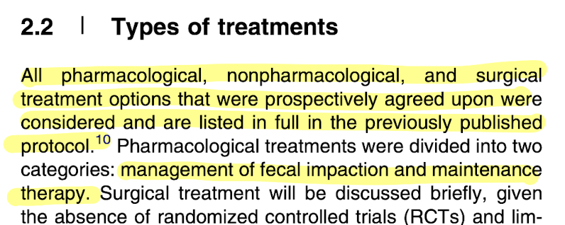 Treatment categories: Pharmacological treatments divided into management of fecal impaction and maintenance therapy