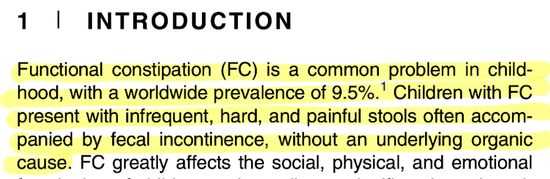 Prevalence excerpt: Functional constipation is a common problem in childhood, with a worldwide prevalence of 9.5%