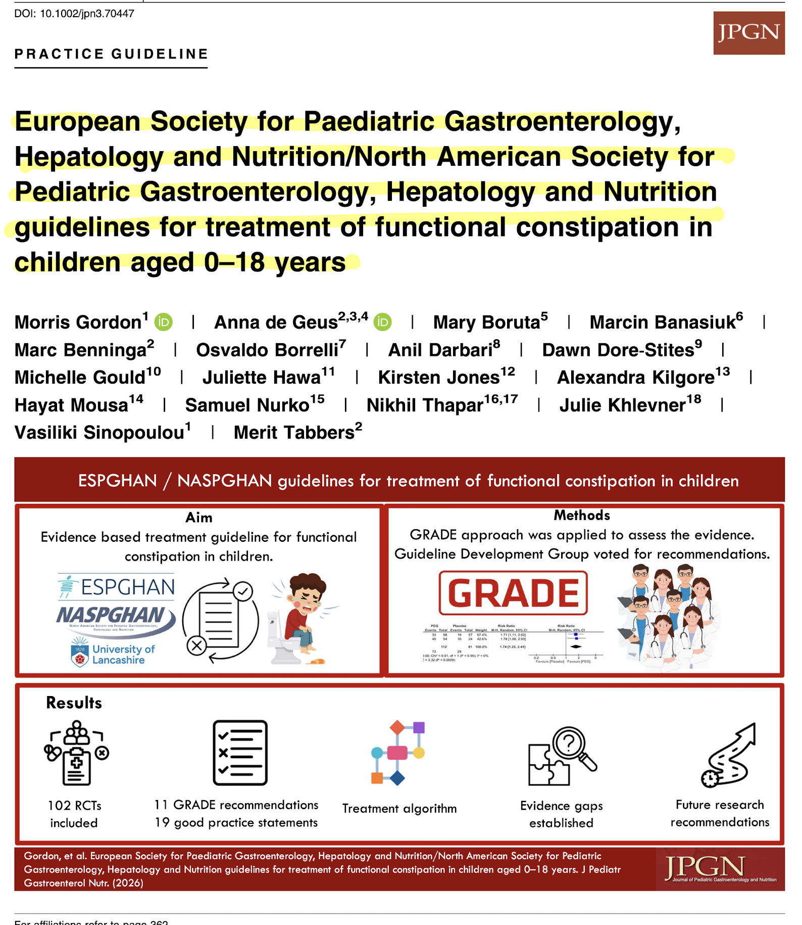 ESPGHAN / NASPGHAN guidelines for treatment of functional constipation in children aged 0-18 years — JPGN 2026 practice guideline