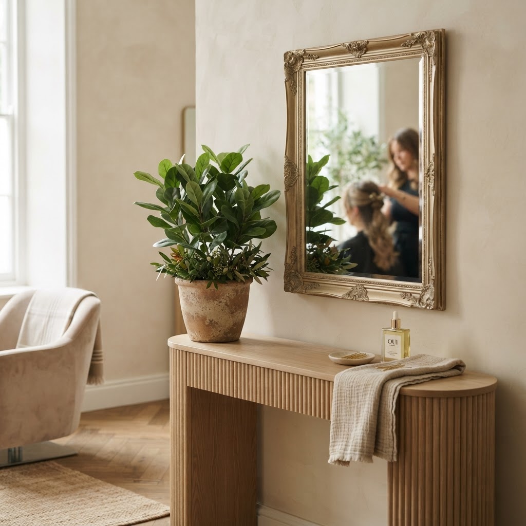 Salon detail with gold mirror and sage plant