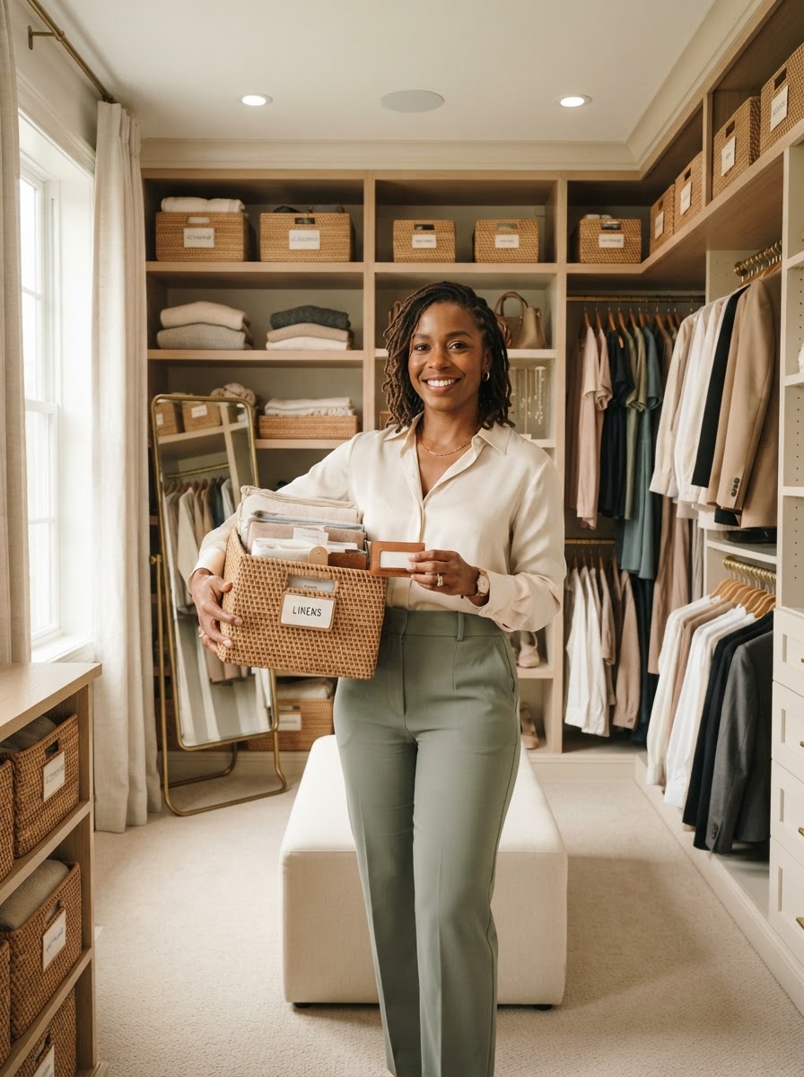 Camille Bennett, founder of Lumière Home Organizing, a Black woman professional organizer in her early 40s, inside a clean and orderly walk-in closet
