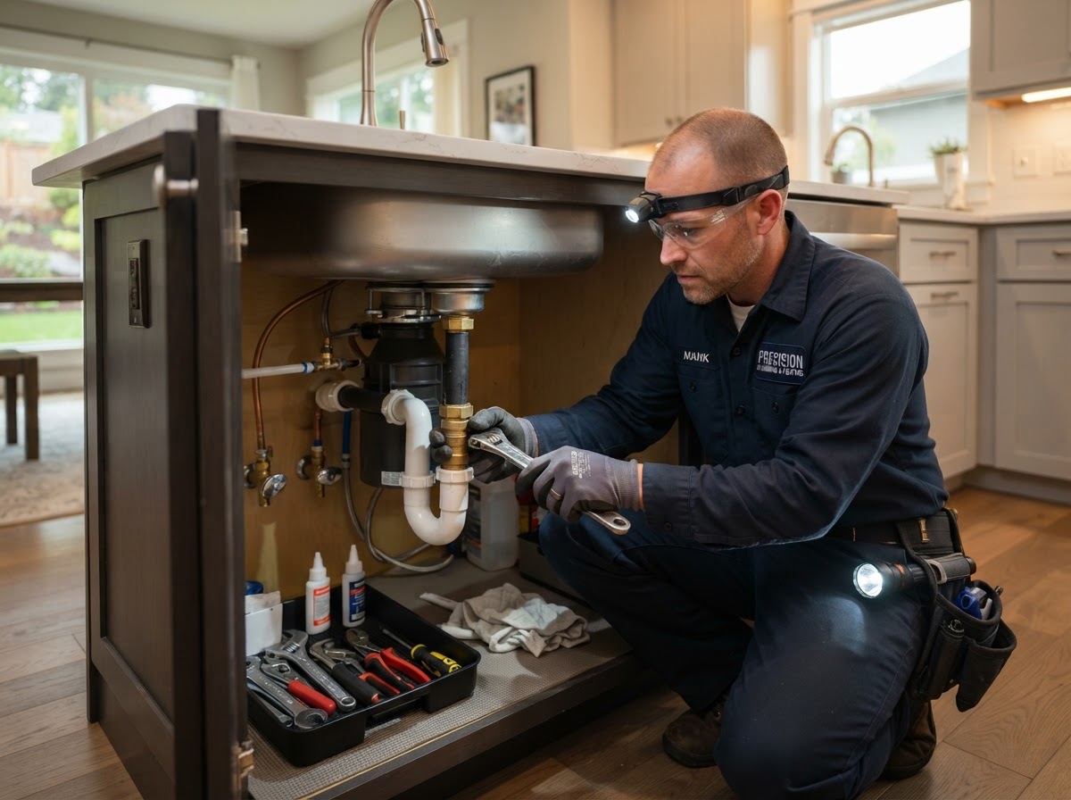 Plumber fixing pipes under a kitchen sink