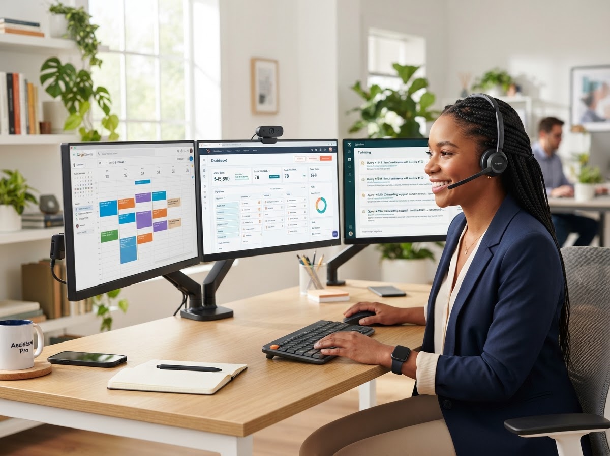 Virtual assistant working at a desk with CRM dashboards