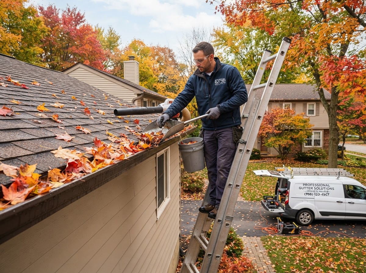 Contractor cleaning gutters on a residential home