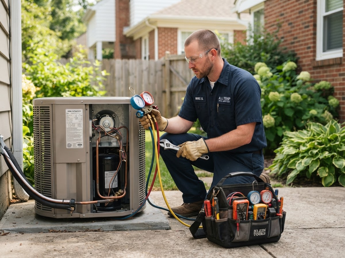 HVAC technician servicing a residential air conditioning unit