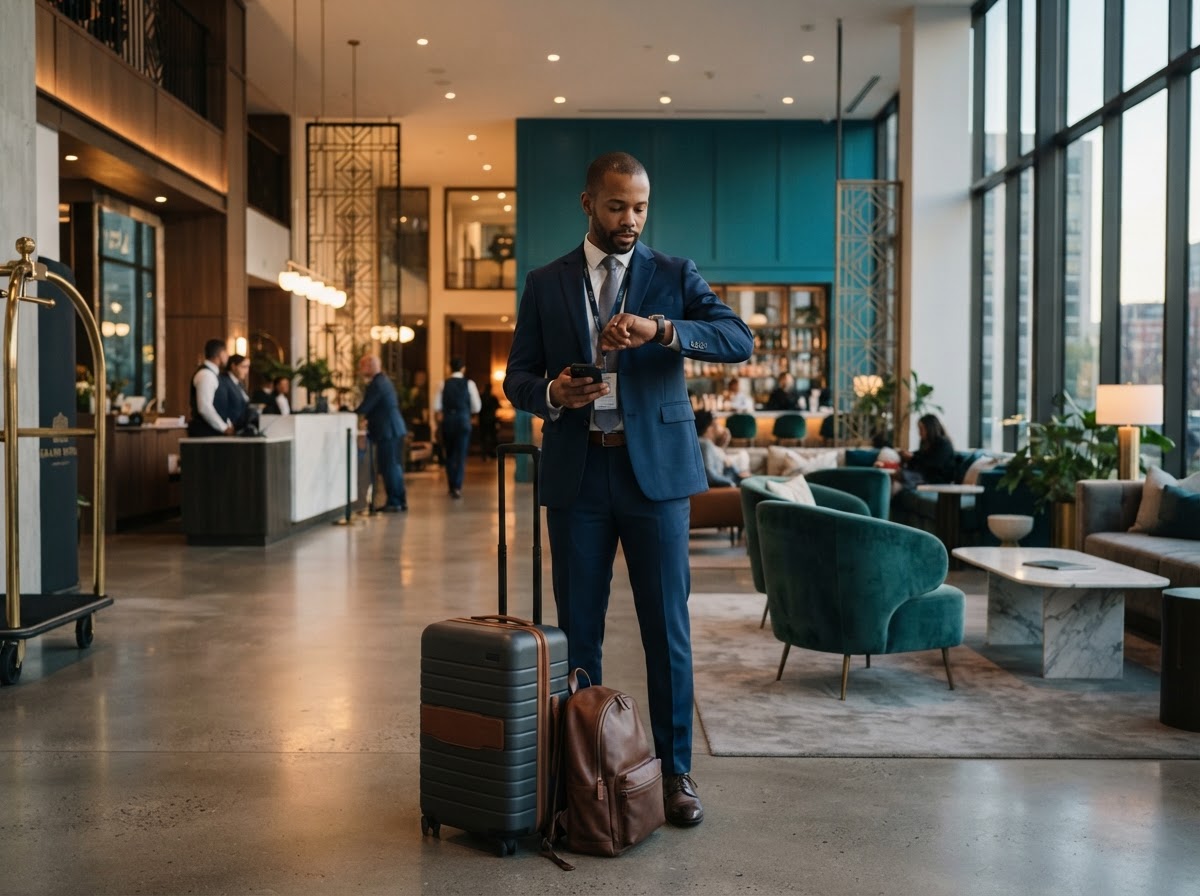 Profesionales en aeropuerto durante un desplazamiento de negocios