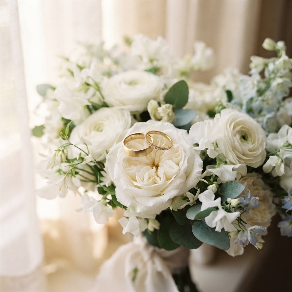 Goldene Eheringe auf einem Blumenstrauss — Detailaufnahme