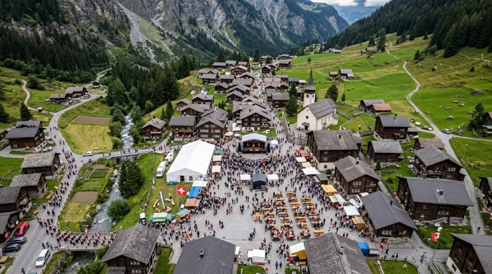 Drohnenaufnahme eines Schweizer Dorffests mit Festzelt und Marktplatz von oben