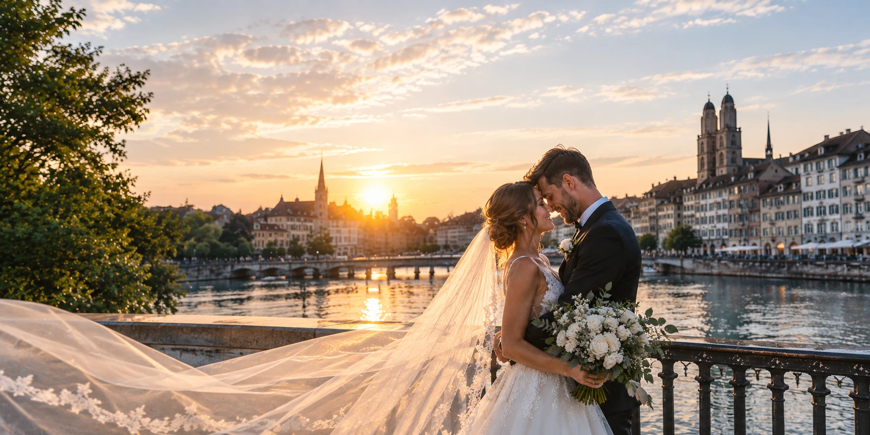 Brautpaar bei Sonnenuntergang am Flussufer mit Altstadt-Kulisse — emotionale Hochzeitsfotografie in Winterthur