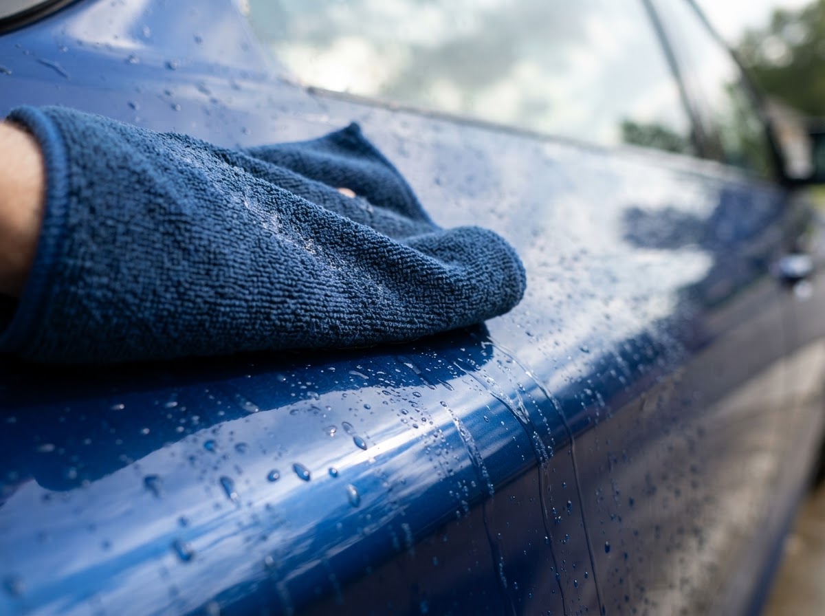 Microfiber towel wiping glossy car paint