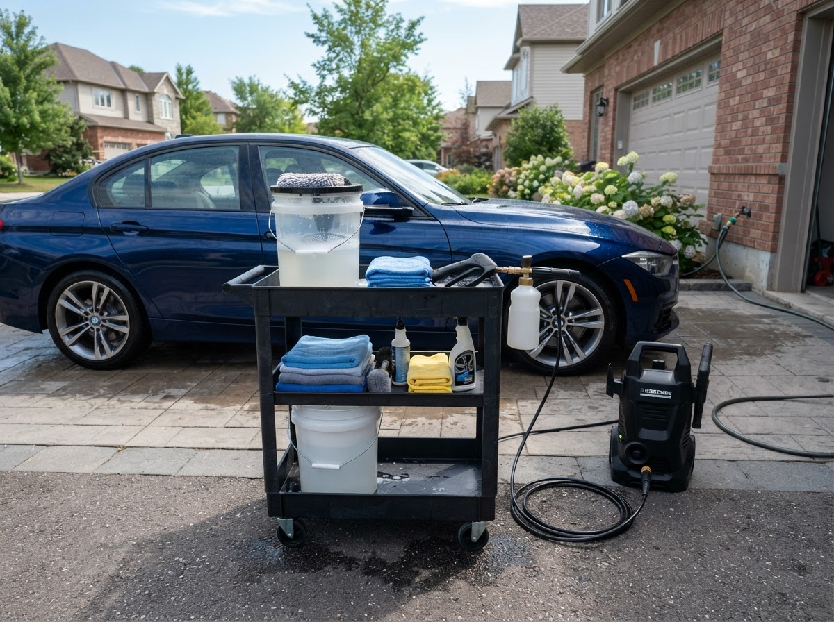 Mobile detailing setup in a residential driveway