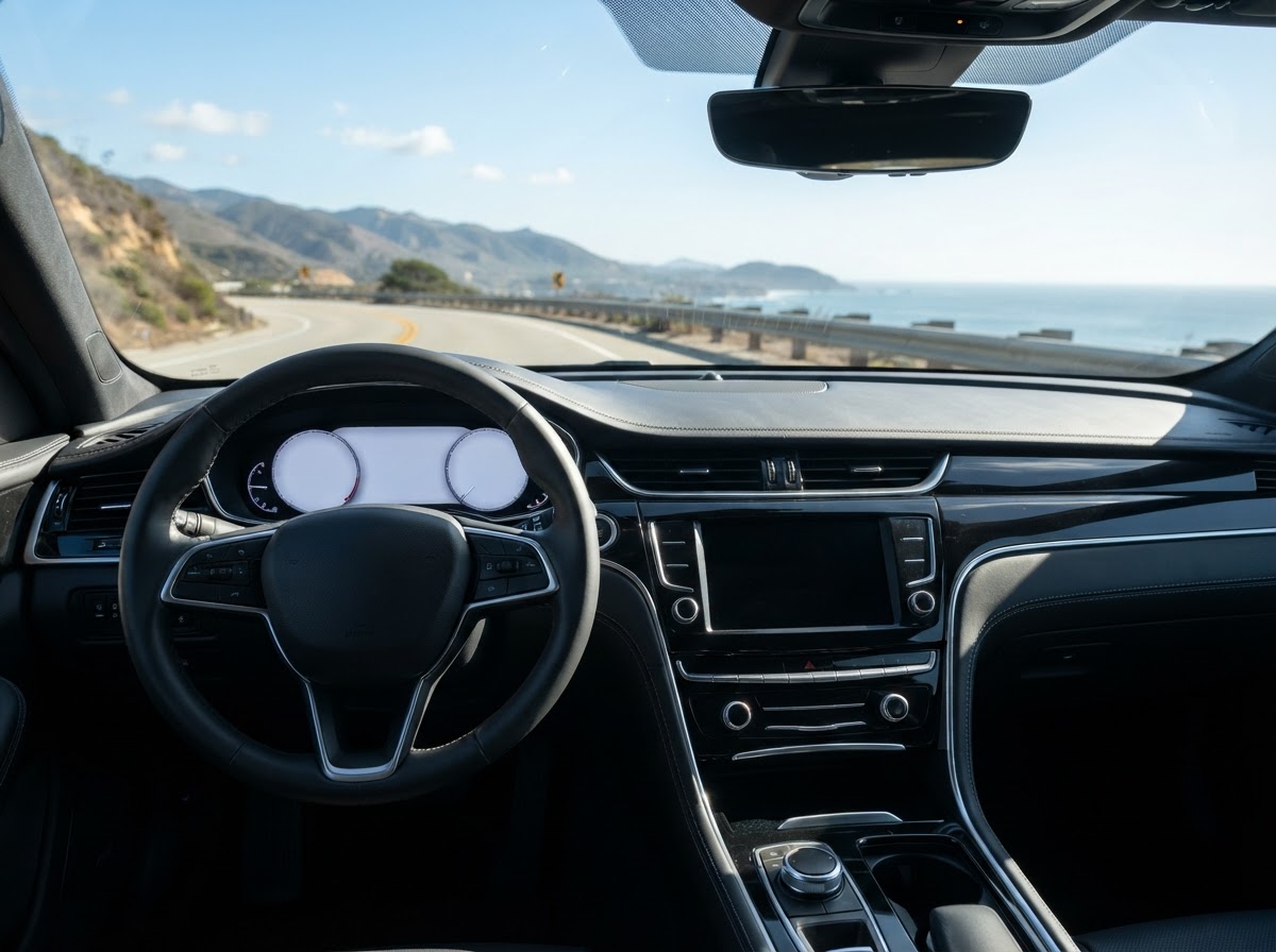 Polished clean car dashboard gleaming in sunlight