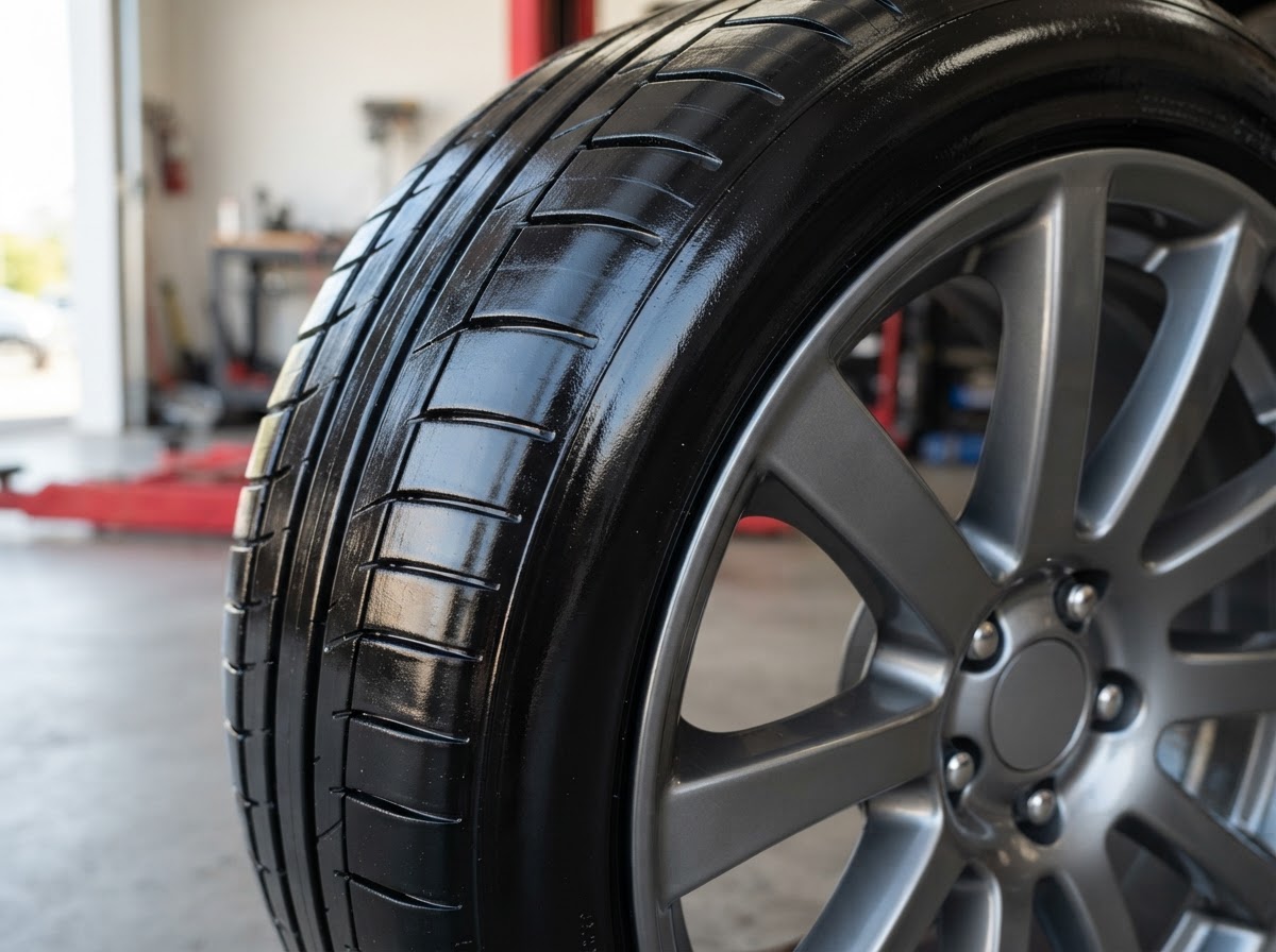Black tire with glossy tire dressing applied