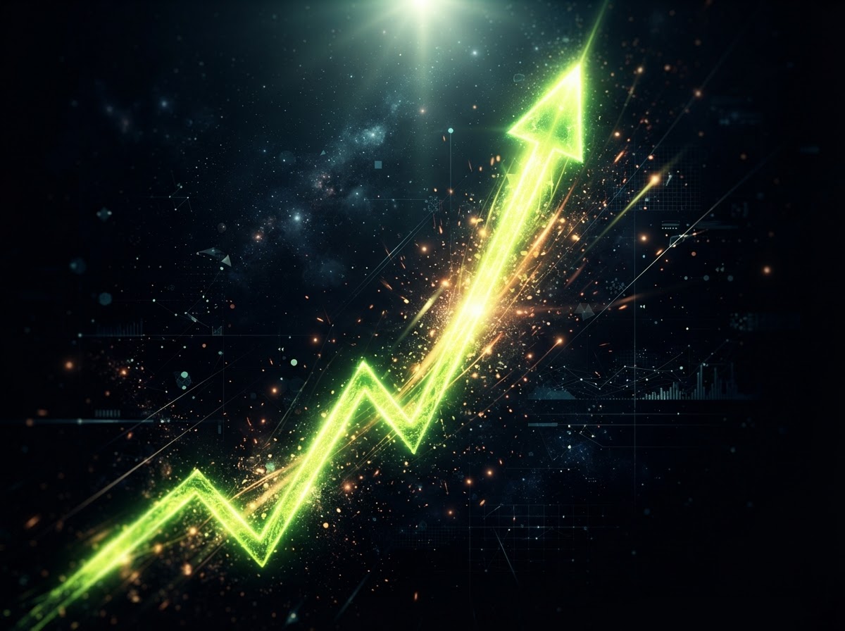 Glowing growth chart arrow rising through dark space