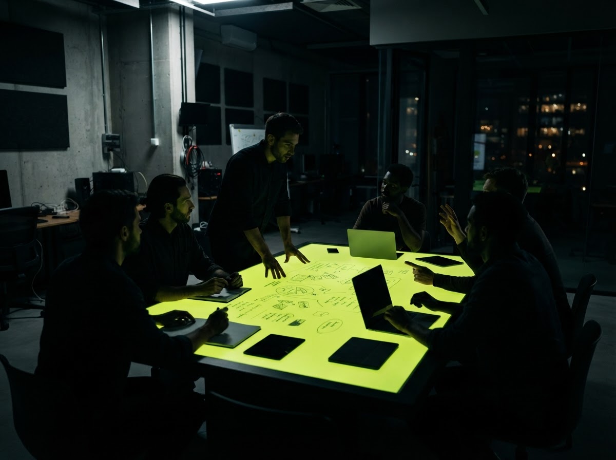 Click Crafters team strategy session in a dark studio