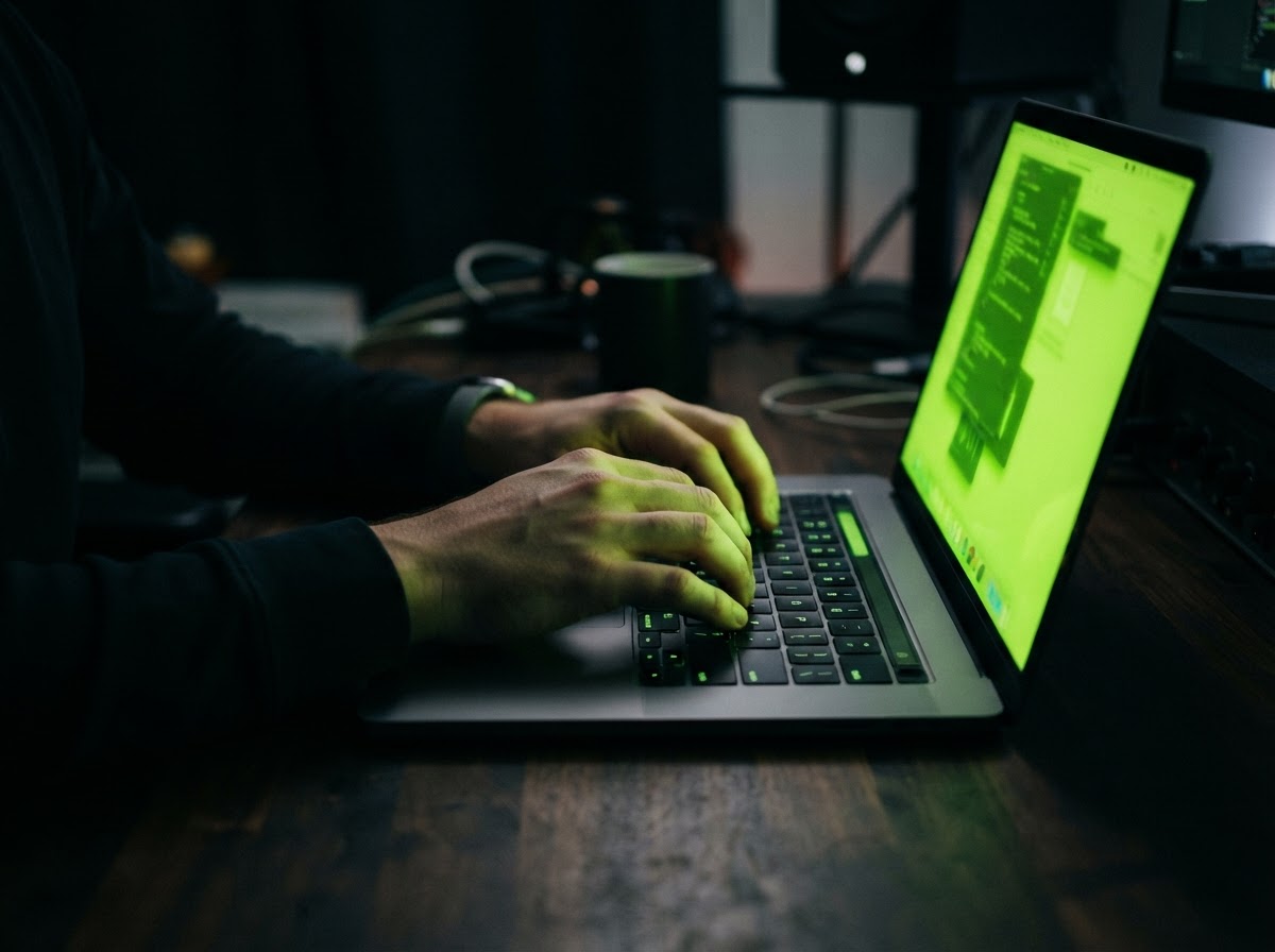 Hands typing on a laptop with green screen glow