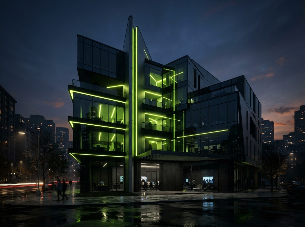 Modern building exterior at dusk with lime accent lighting