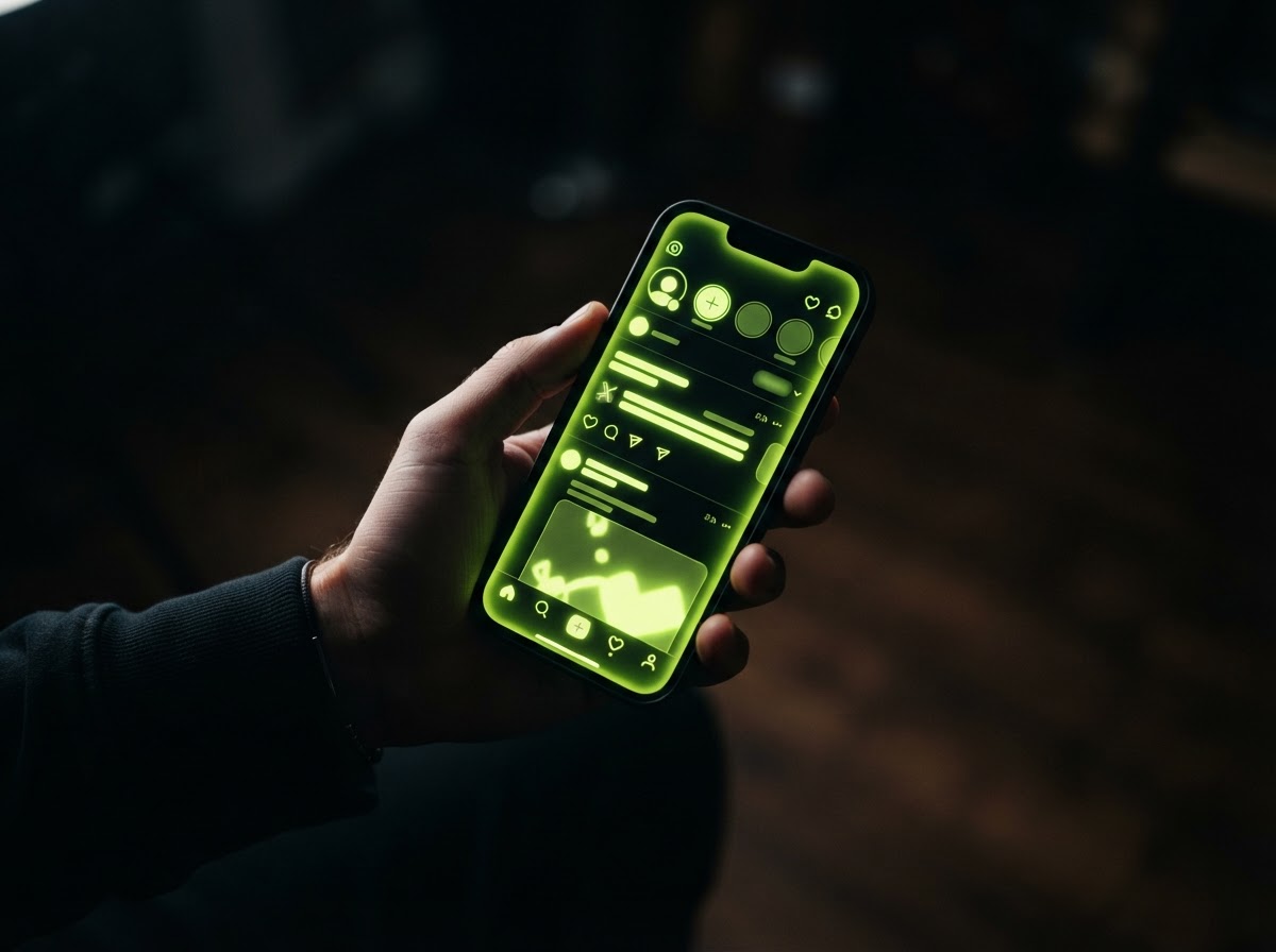 Smartphone with social media app glowing in a dark studio