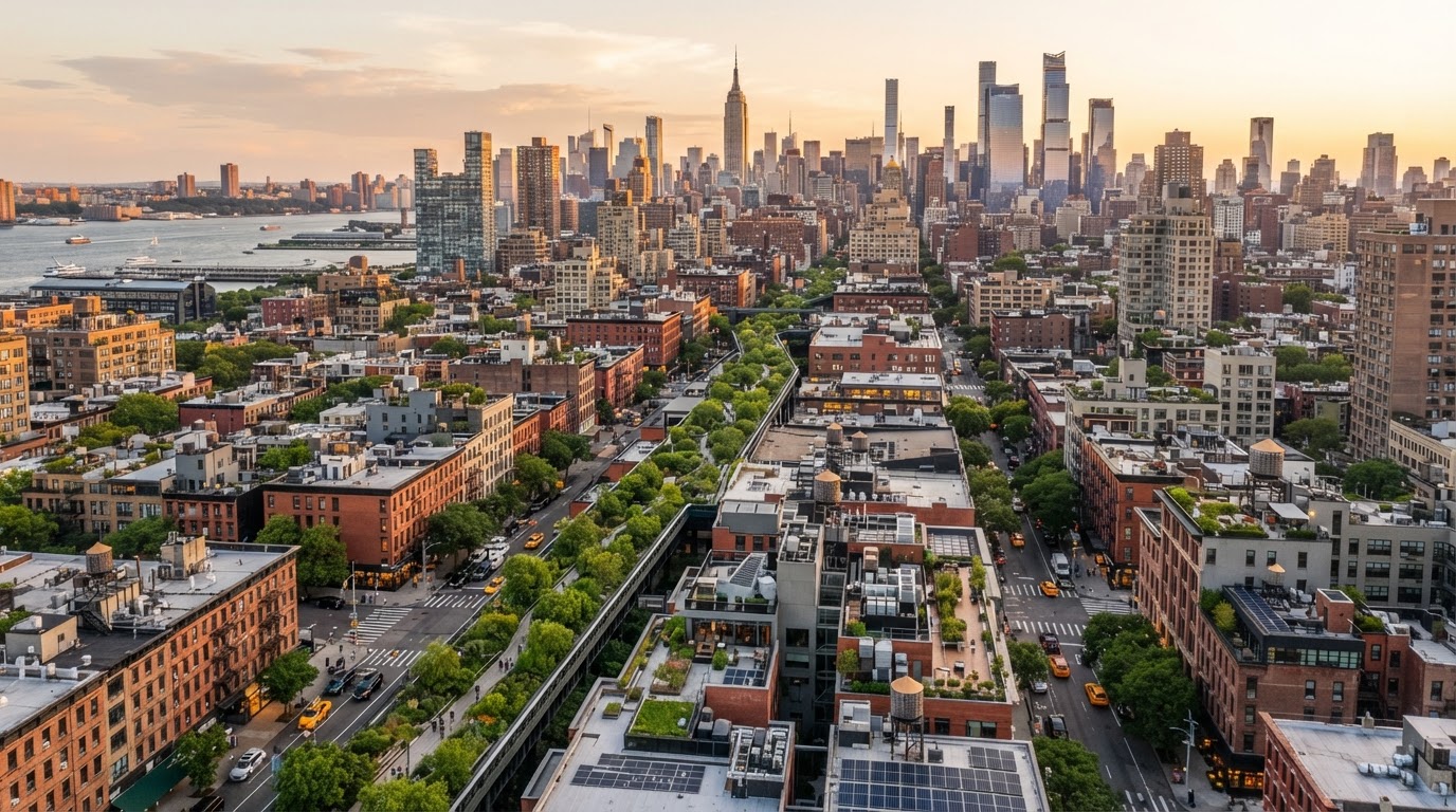 Aerial view over a Manhattan neighborhood at golden hour with rooftops and an elevated park