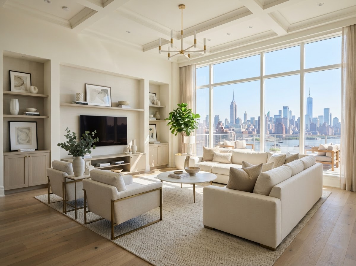 Open-plan penthouse living area with ten-foot ceilings, oversized south-facing windows and neutral linen furnishings