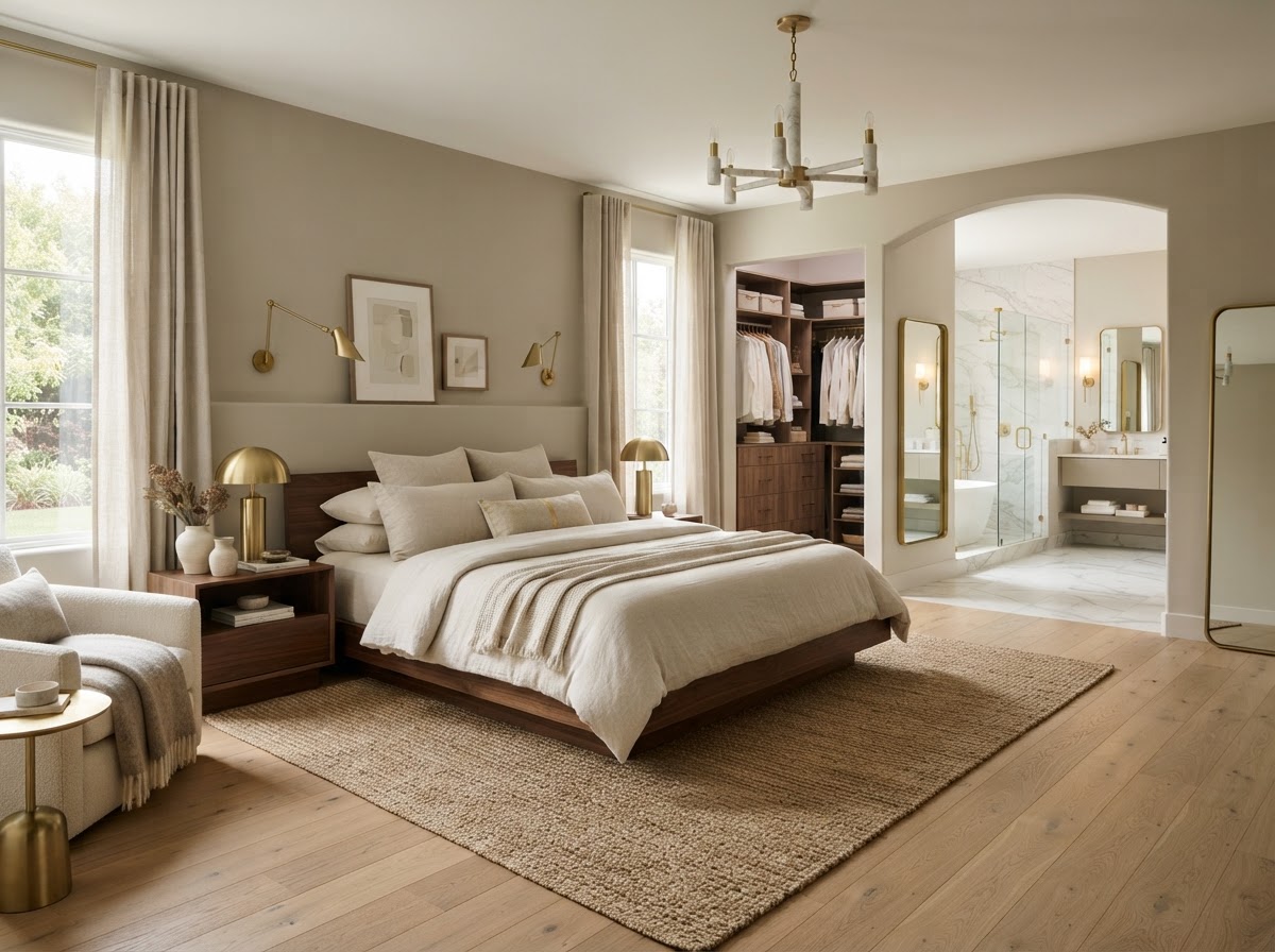 Serene primary suite with low platform bed, linen bedding, walk-in closet and a glimpse of the en-suite bath