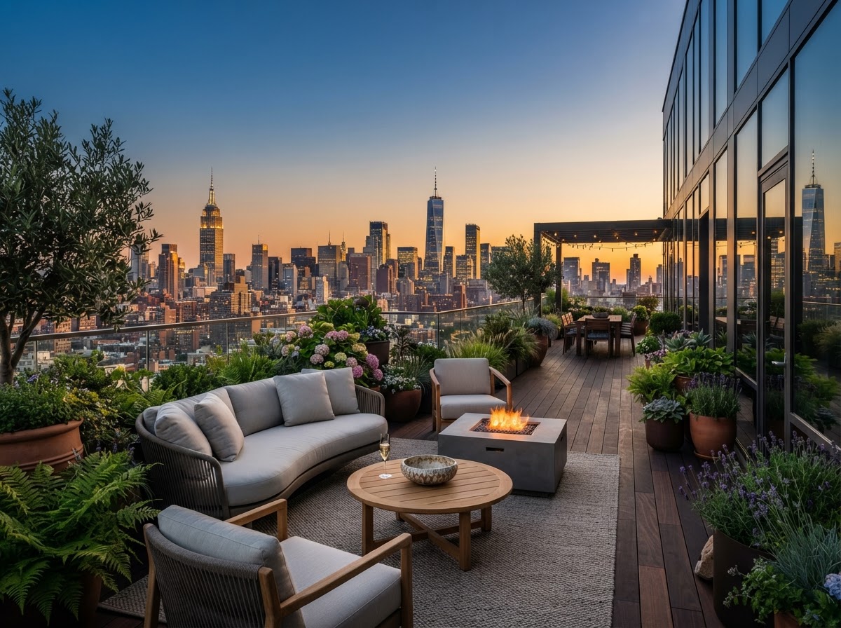 Private penthouse terrace with outdoor lounge furniture, planters and a city skyline view at golden hour
