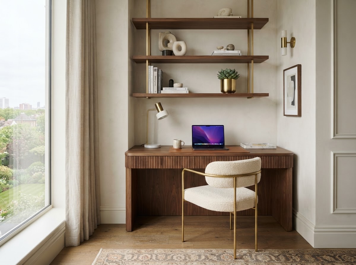 Compact home-office nook with a built-in desk, open shelving and natural light