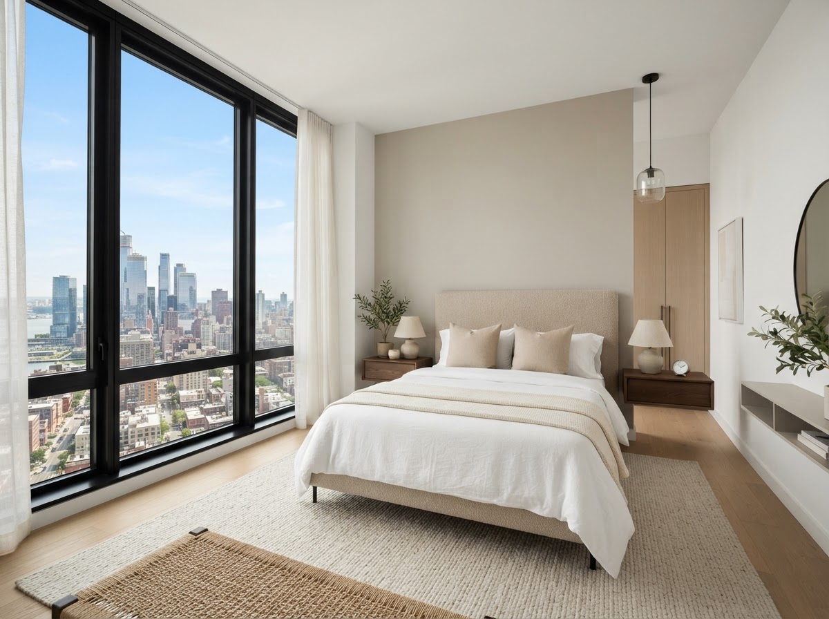 Bright secondary bedroom with a queen bed, city-view windows and warm neutral tones
