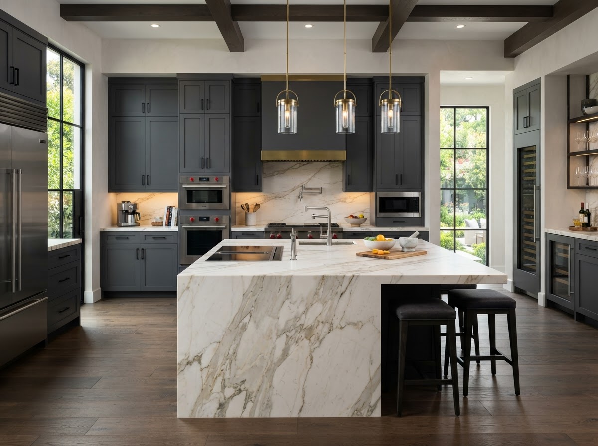 Designer chef's kitchen with a marble waterfall island, induction cooktop, matte charcoal cabinetry and integrated appliances