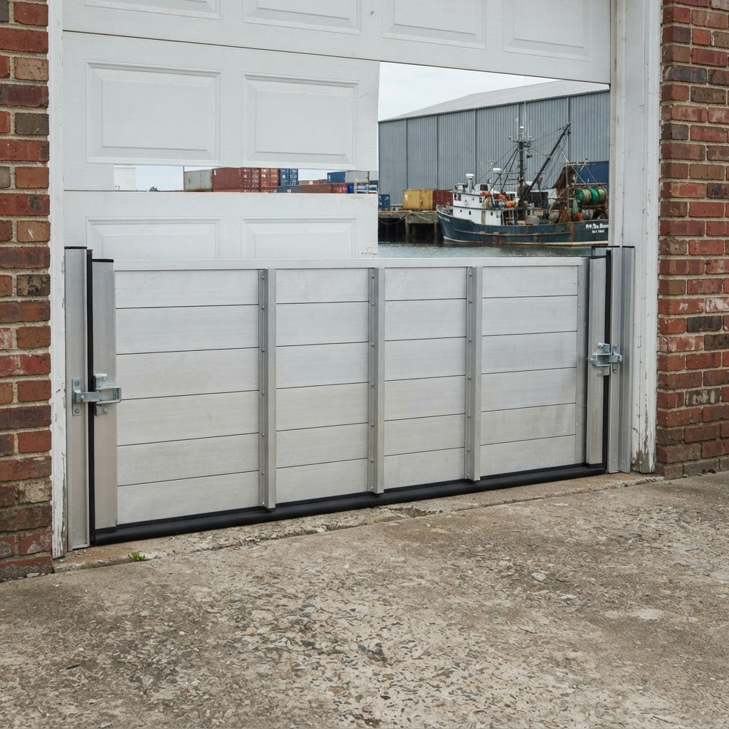 Removable flood barrier fitted across an entry or garage opening