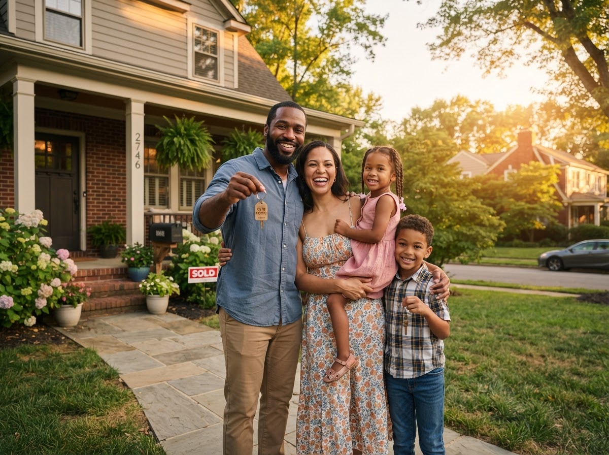 A happy family in front of their new home holding keys